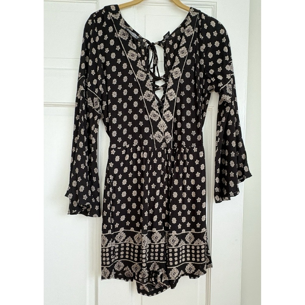 Angie Black Cream Medallion Print‎ Lace Up Bell Sleeve Boho Romper Mens Small